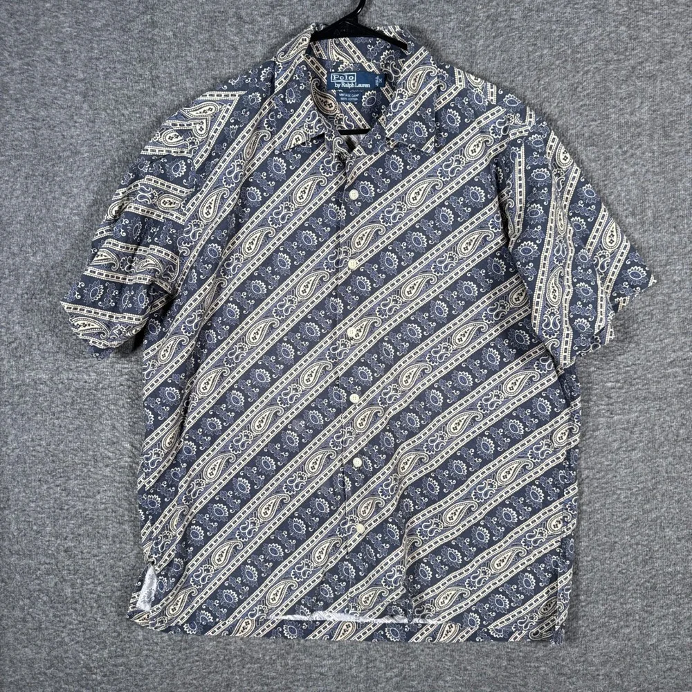 Polo Ralph Lauren Vintage Camp Shirt Mens Medium Blue Bandana Paisley Camp Loop